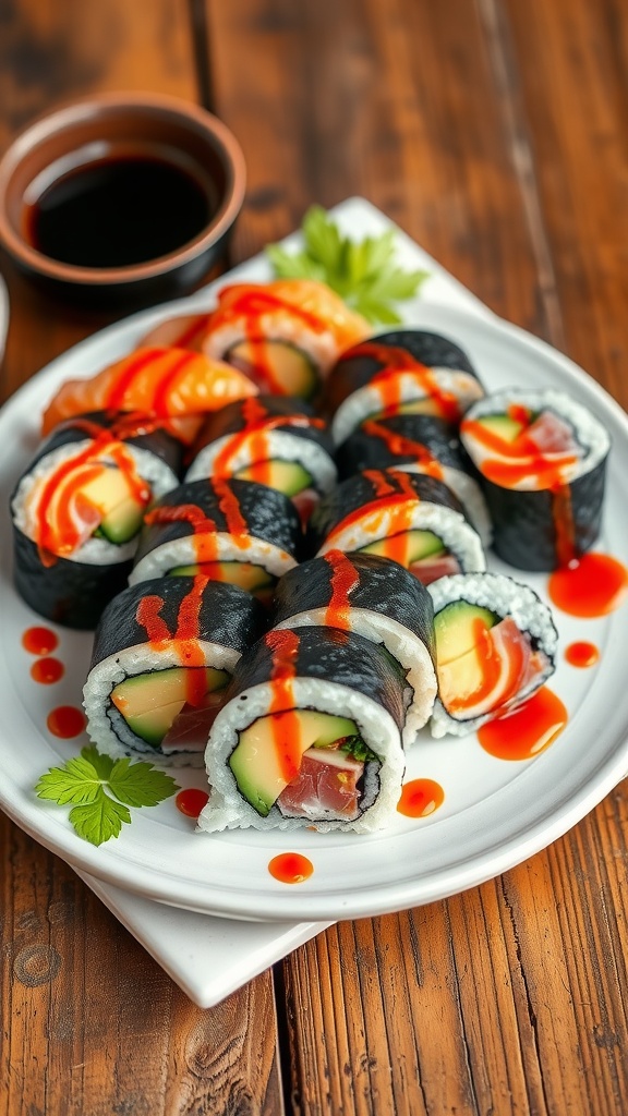 A vibrant plate of spicy sushi rolls with fish, avocado, and cucumber, drizzled with zapechoniy sauce, served with soy sauce, wasabi, and ginger.
